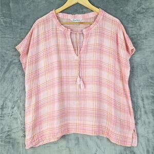 Tommy Bahama Top Large Linen Blend Boho Peasant Coastal Resort Beach Plaid Gauze